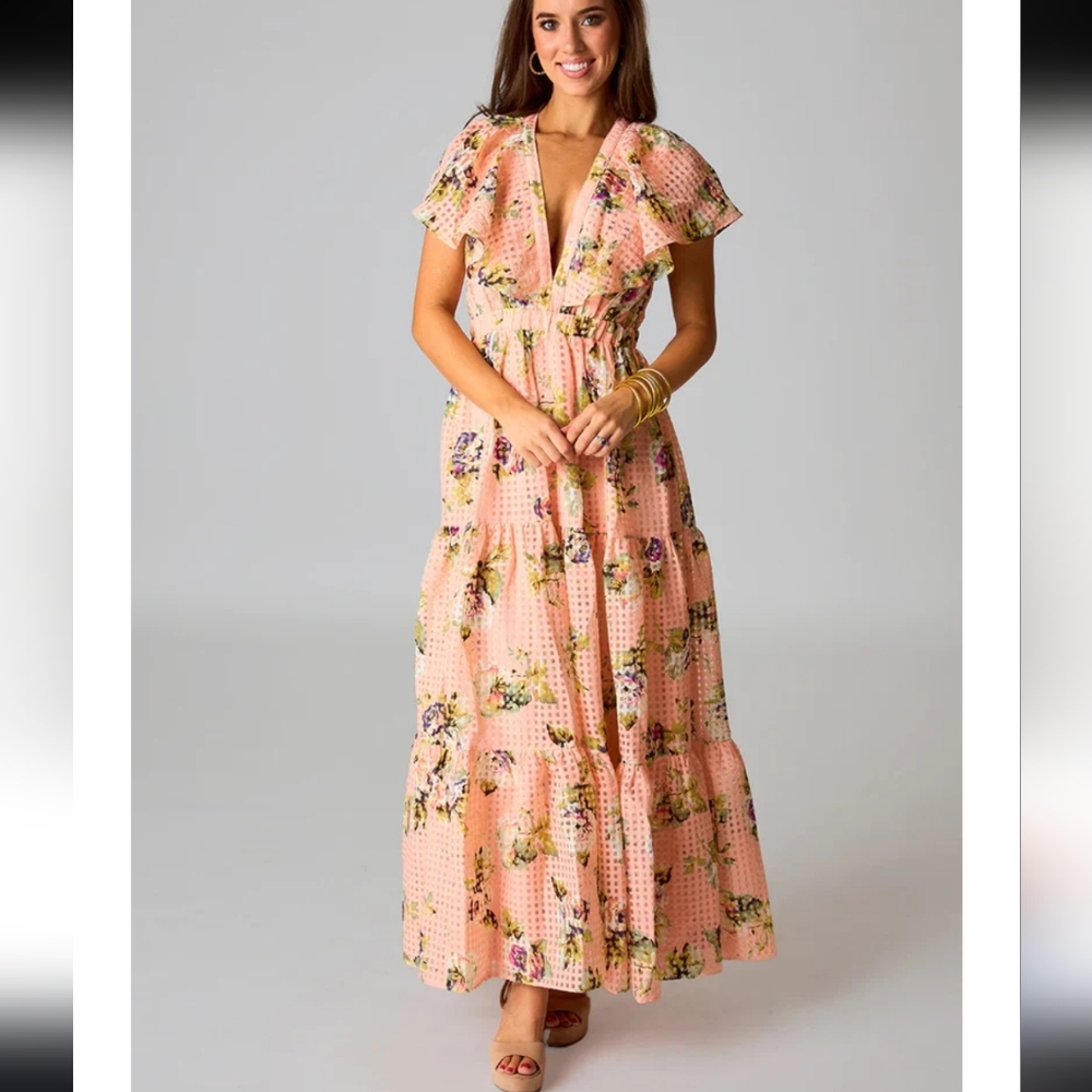 Floral Peach Gingham Maxi Dress NWT
